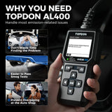 Topdon ARTILINK400 new OBD2 scanner codes, resets the check engine light, resets monitor, checks emissions systems
